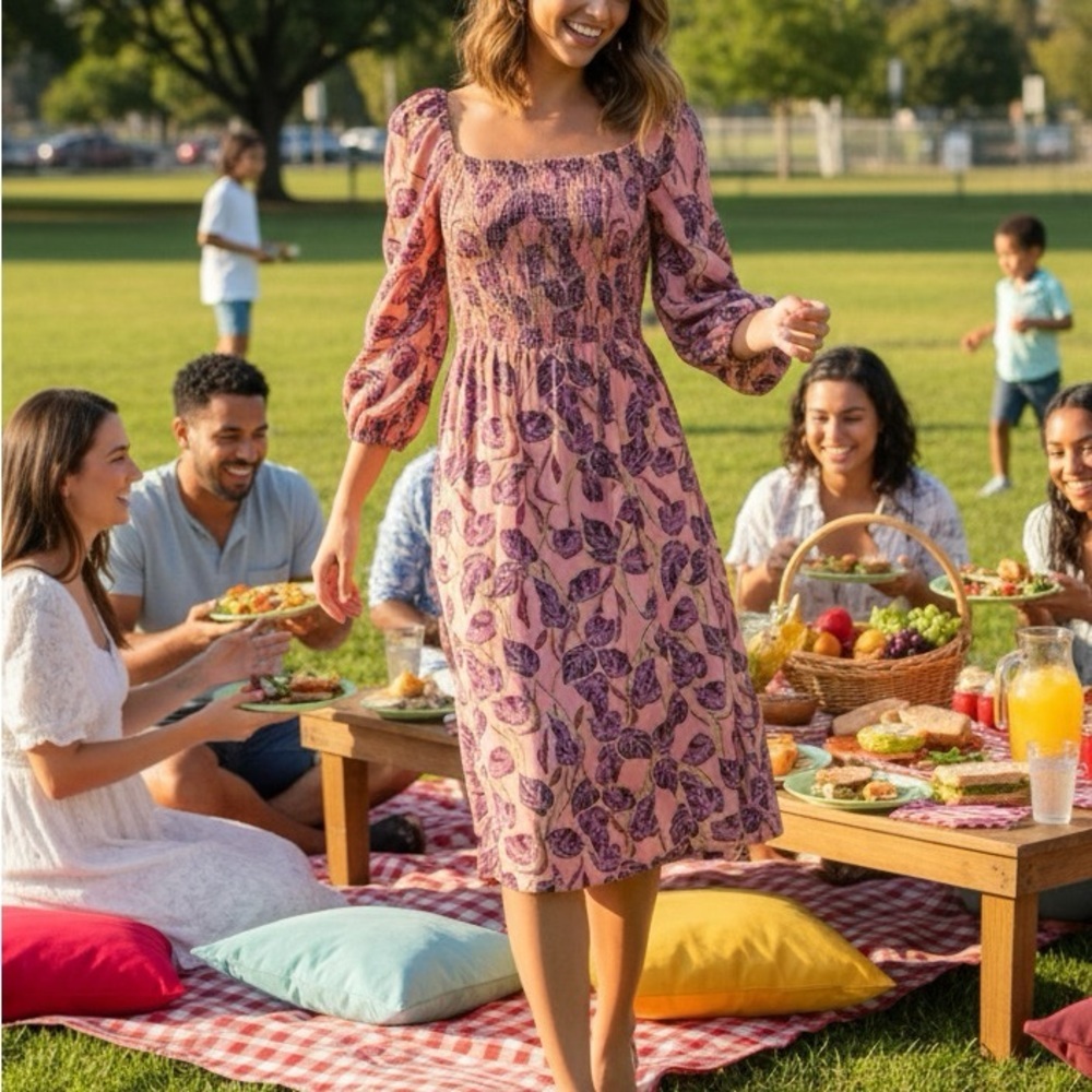 LAST CHANCE - Time And Tru Leaf Print Spring Midi Dress
